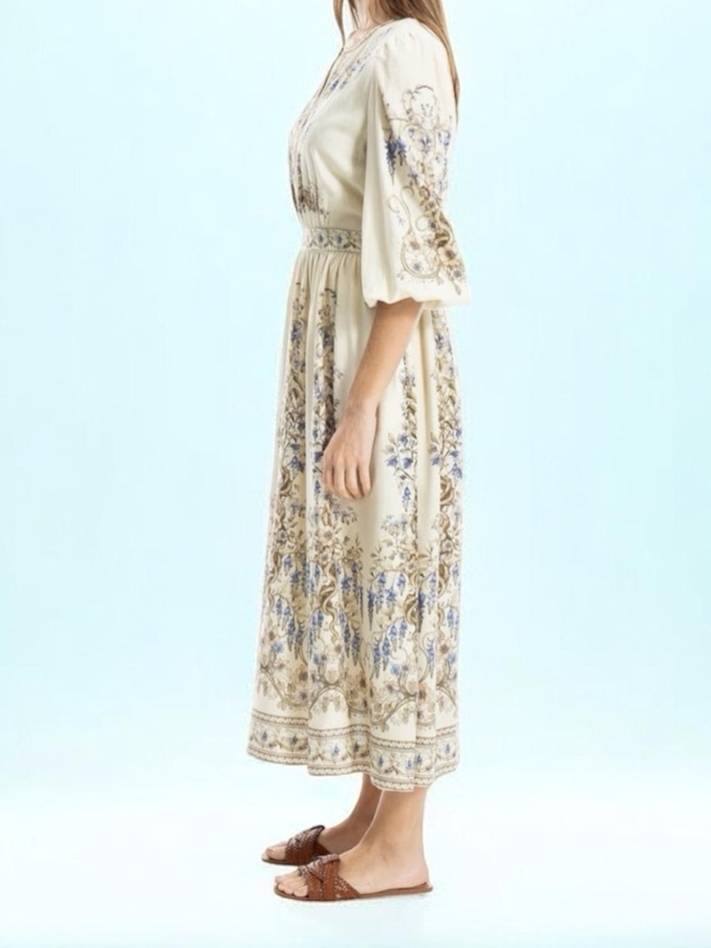 Floral Print Balloon Sleeve Maxi linen Dress long sleeve - Picture 3 of 10